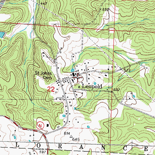Topographic Map of Leopold School, MO