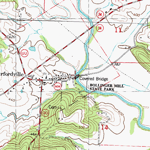 Topographic Map of Burfordville Covered Bridge, MO