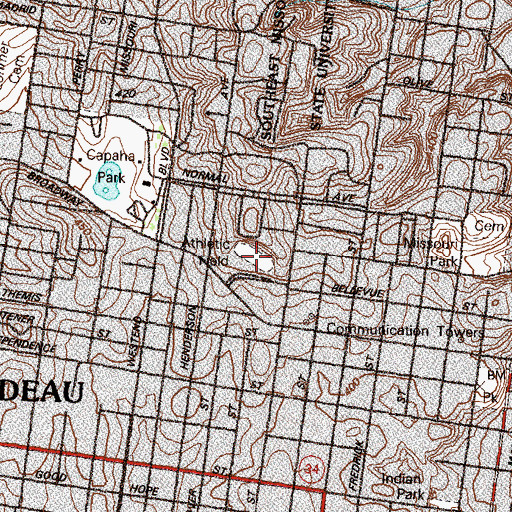 Topographic Map of Houck Stadium, MO