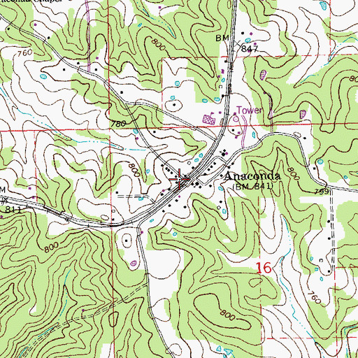 Topographic Map of Anaconda, MO
