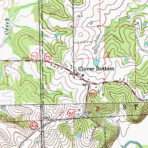 Topographic Map of Clover Bottom, MO