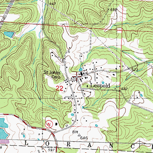 Topographic Map of Leopold, MO