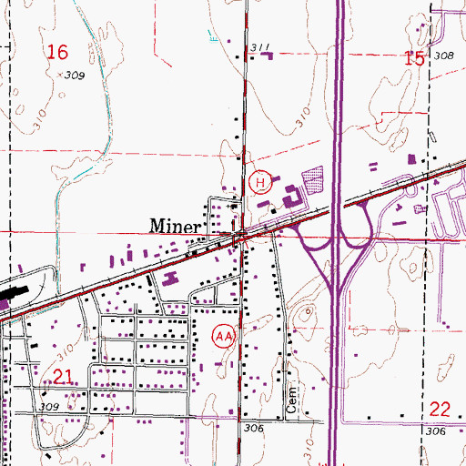 Topographic Map of Miner, MO