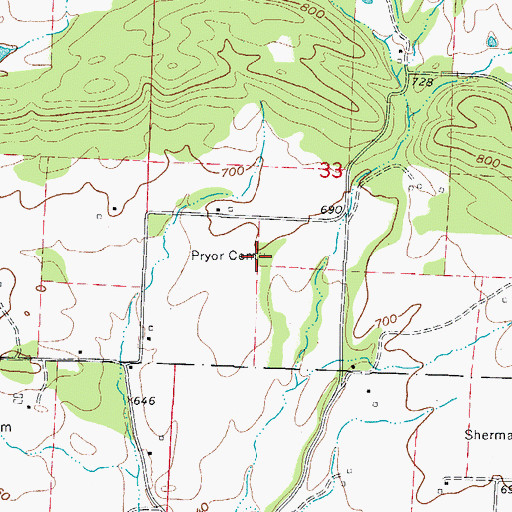 Topographic Map of Pryor Cemetery, AR