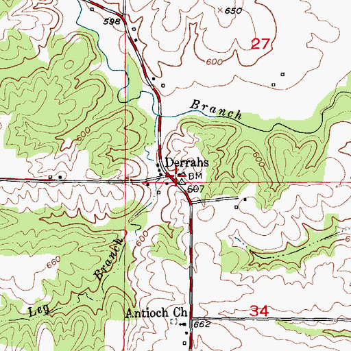 Topographic Map of Derrahs School, MO