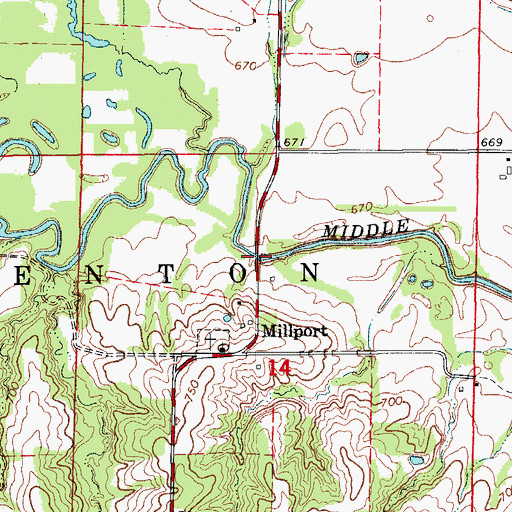 Topographic Map of Millport Bridge, MO