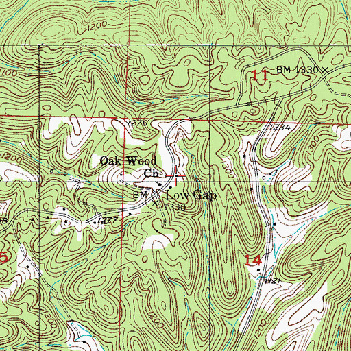 Topographic Map of Oakwood School (historical), MO