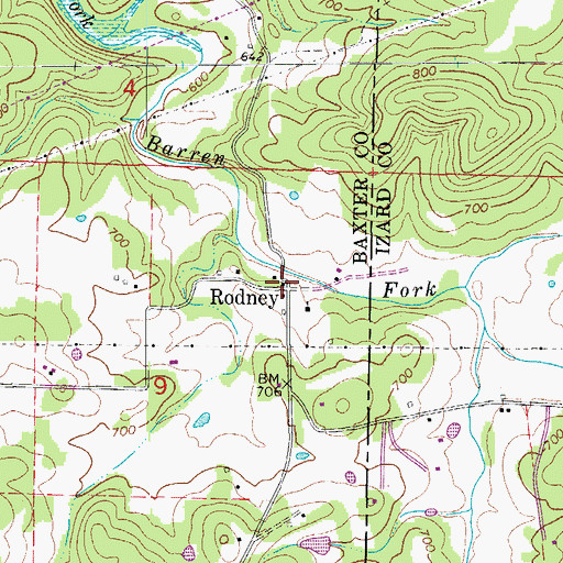 Topographic Map of Rodney, AR