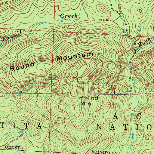 Topographic Map of Round Mountain, AR