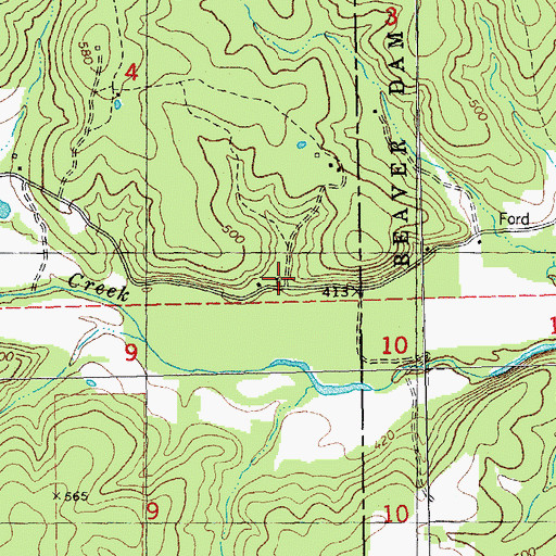 Topographic Map of Beaverdam, MO