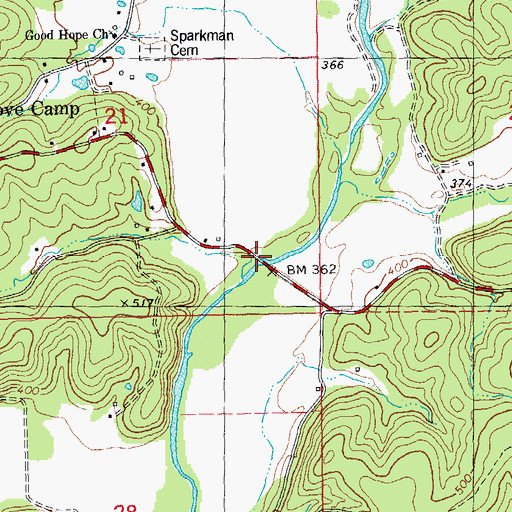 Topographic Map of Millers Bridge, MO