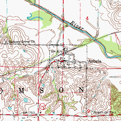 Topographic Map of Arbela, MO