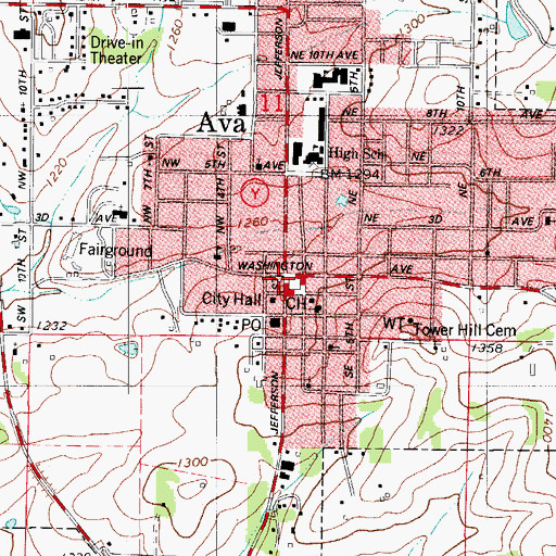 Topographic Map of Ava, MO