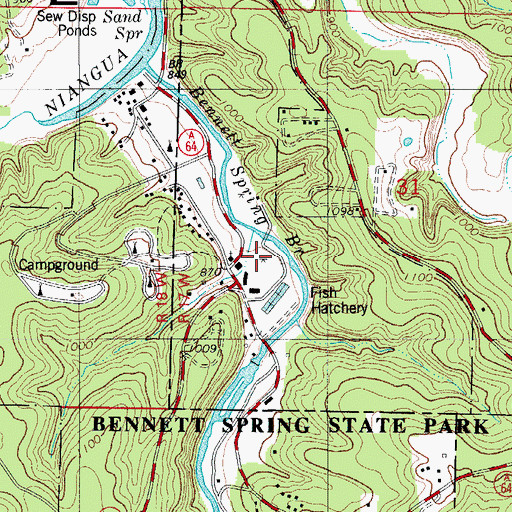 Topographic Map of Bennett Springs, MO