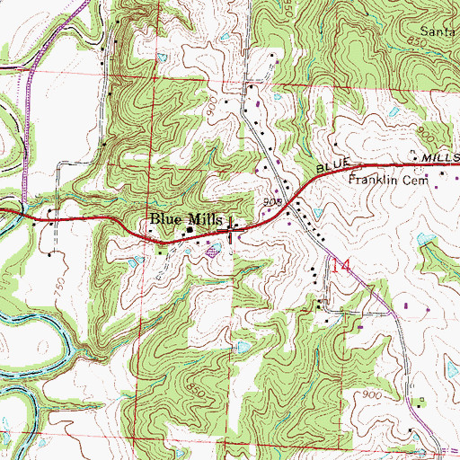 Topographic Map of Blue Mills, MO