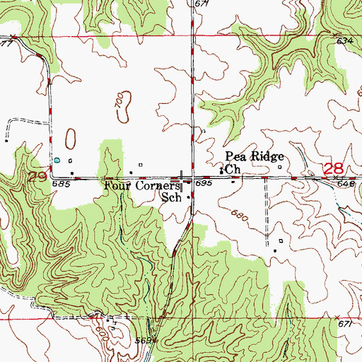 Topographic Map of Four Corners School, MO