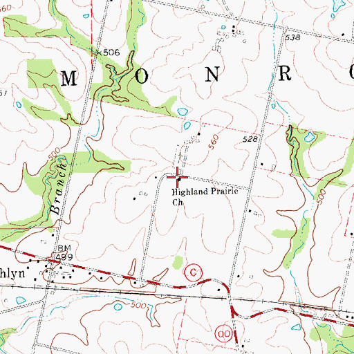 Topographic Map of Highland Prairie Church, MO