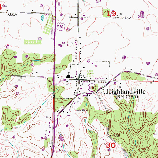 Topographic Map of Highlandville, MO