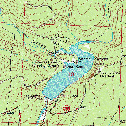 Topographic Map of Shores Lake Recreation Area, AR