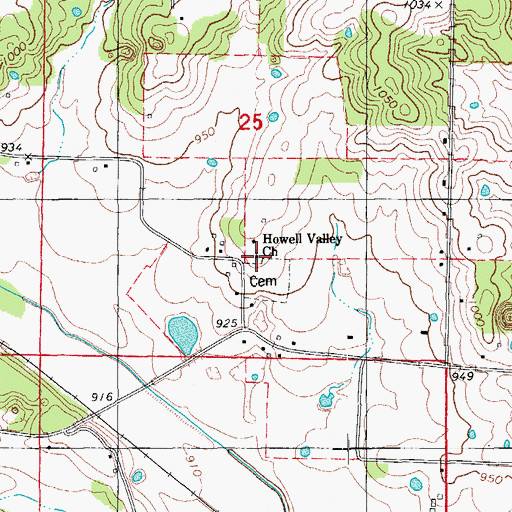 Topographic Map of Howell Valley Church, MO