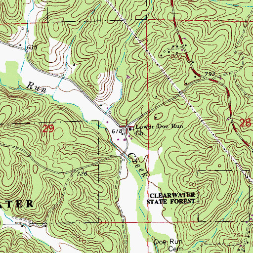 Topographic Map of Lower Doe Run Church, MO