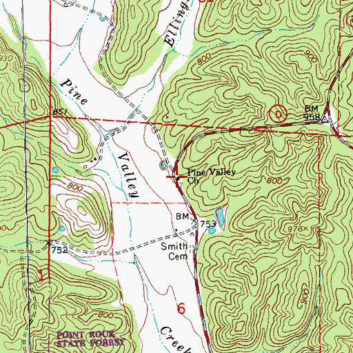Topographic Map of Pine Valley Church, MO