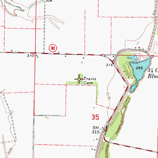 Topographic Map of Travis Cemetery, MO