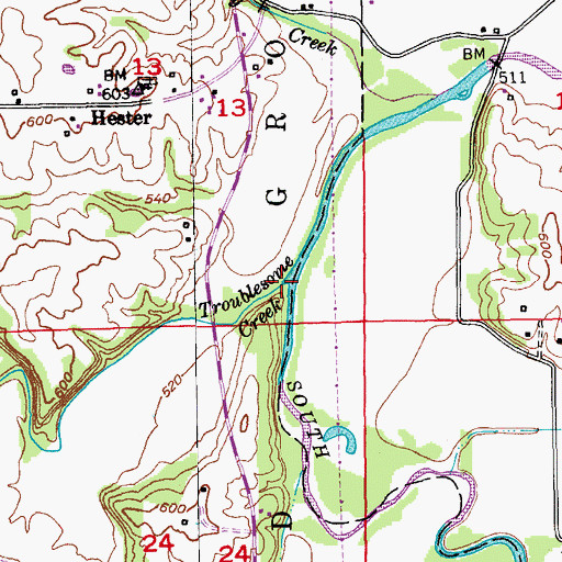 Topographic Map of Troublesome Creek, MO