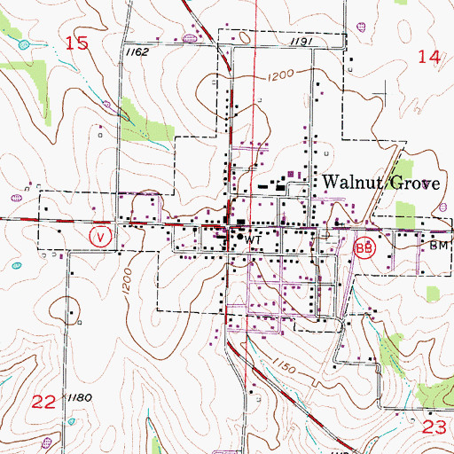 Topographic Map of Walnut Grove, MO