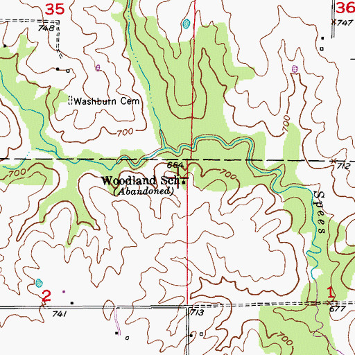 Topographic Map of Woodland School, MO