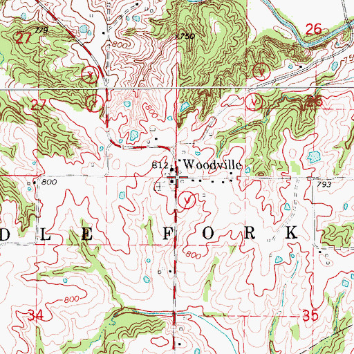 Topographic Map of Woodville, MO