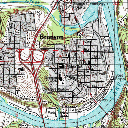 Topographic Map of Branson Middle School, MO
