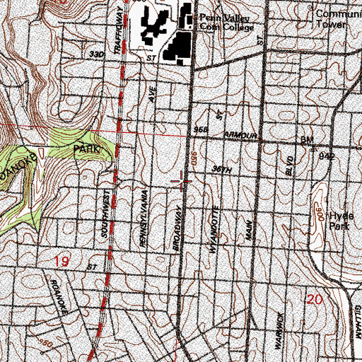 Topographic Map of Broadway Valentine Shopping Center, MO