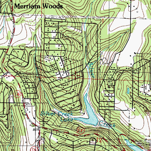 Topographic Map of Merriam Woods, MO