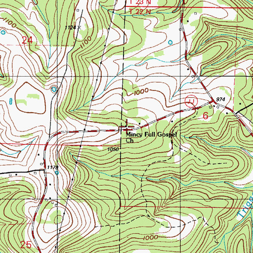 Topographic Map of Mincy Full Gospel Church, MO