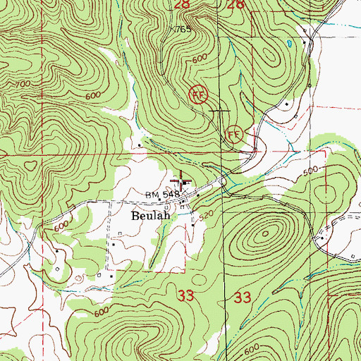 Topographic Map of Beulah Church, MO