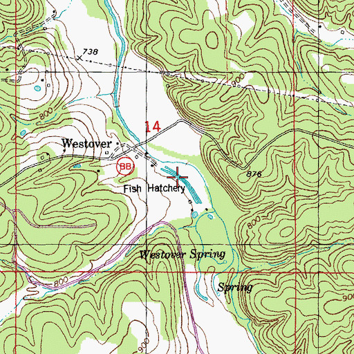 Topographic Map of Westover Fisheries, MO