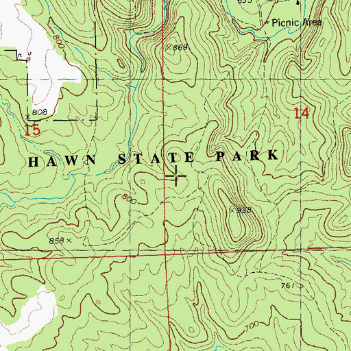 Topographic Map of Hawn State Park, MO
