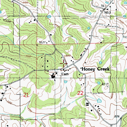 Topographic Map of Honey Creek, MO