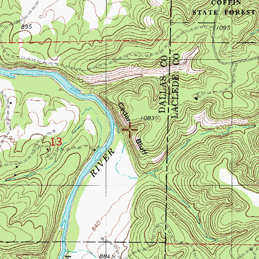 Topographic Map of Cedar Bluff, MO