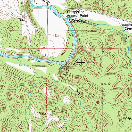 Topographic Map of Mill Bluff, MO