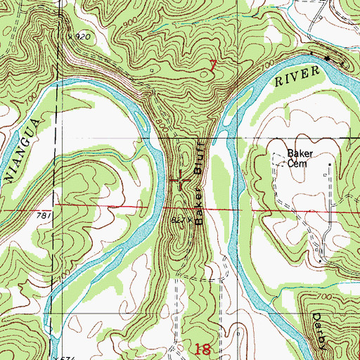 Topographic Map of Baker Bluff, MO