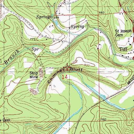 Topographic Map of Chimney Bluff, MO