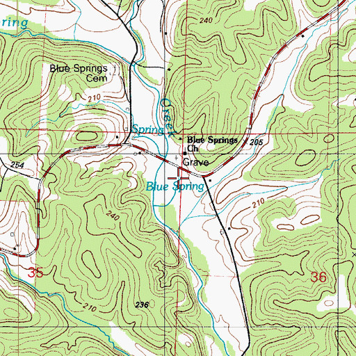 Topographic Map of Blue Spring, MO