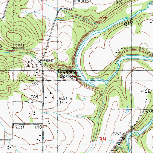 Topographic Map of Dripping Springs, MO