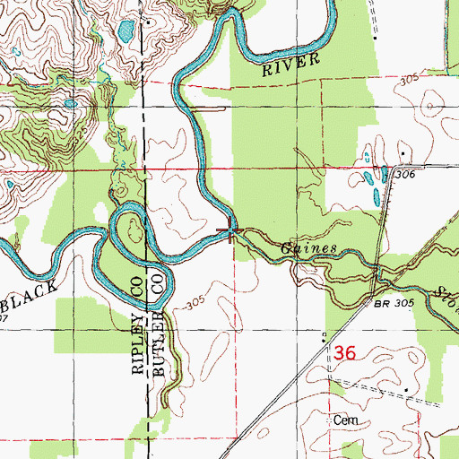 Topographic Map of Gaines Slough, MO