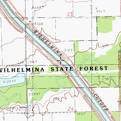 Topographic Map of Wilhelmina Cutoff, MO