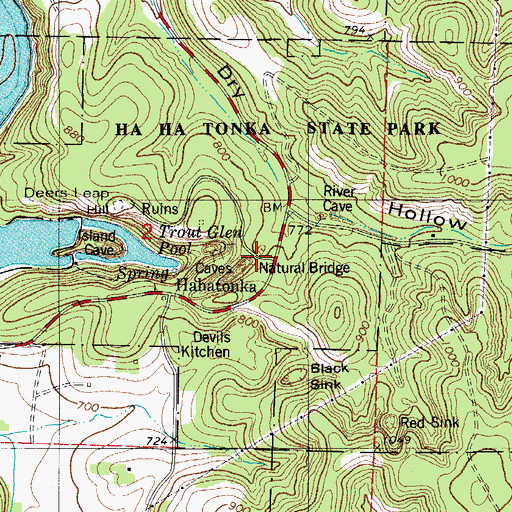Topographic Map of Hahatonka Natural Bridge, MO