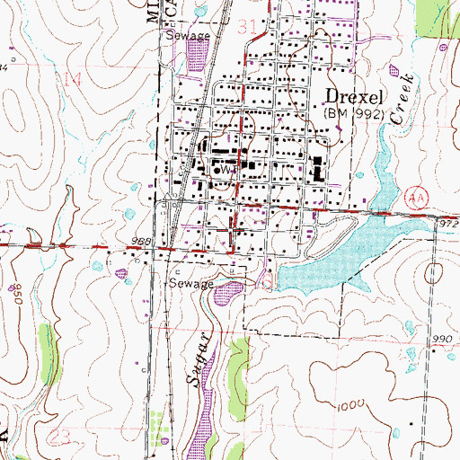 Topographic Map of South Drexel, MO