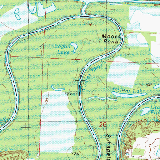 Topographic Map of Collins Shoals, MO